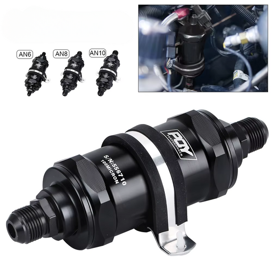 Filtro de Combustível Inline VR Preto – AN6 / AN8 / AN10 com Malha Inox 100 Microns