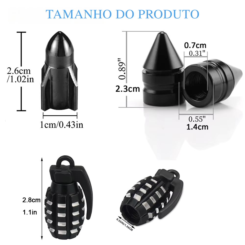Kit com 4 Tampas de Válvula de Pneu em Alumínio – Estilo Granada | Tampa Antipó para Carro, Moto, Caminhão e Bike