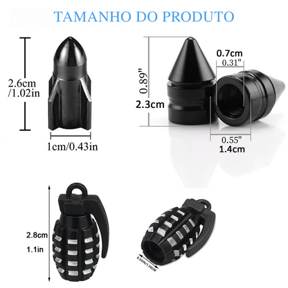 Kit com 4 Tampas de Válvula de Pneu em Alumínio – Estilo Granada | Tampa Antipó para Carro, Moto, Caminhão e Bike