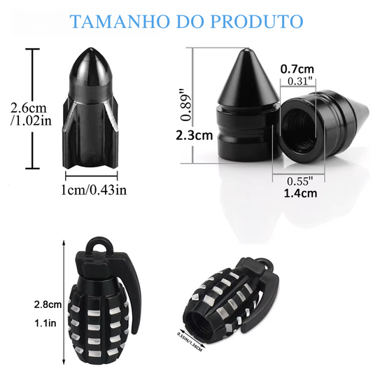 Kit com 4 Tampas de Válvula de Pneu em Alumínio – Estilo Granada | Tampa Antipó para Carro, Moto, Caminhão e Bike