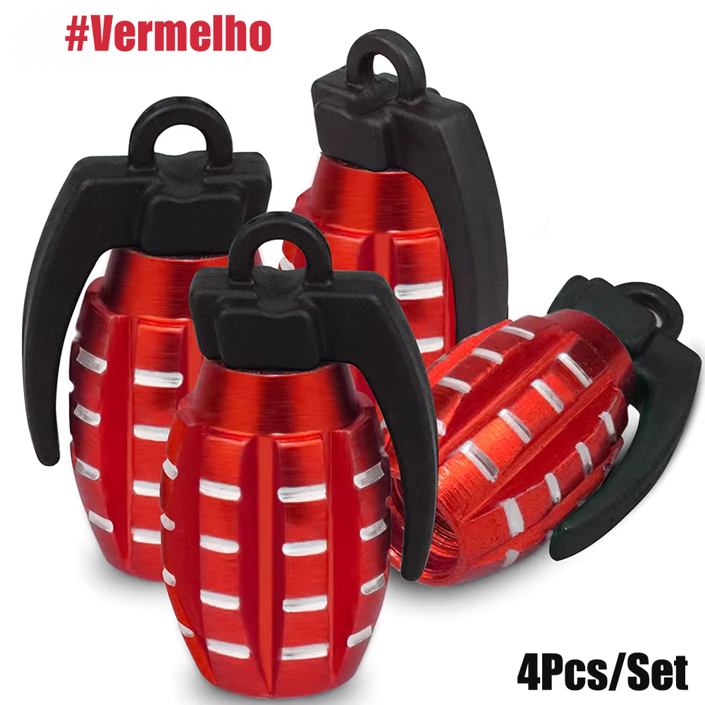 Kit com 4 Tampas de Válvula de Pneu em Alumínio – Estilo Granada | Tampa Antipó para Carro, Moto, Caminhão e Bike