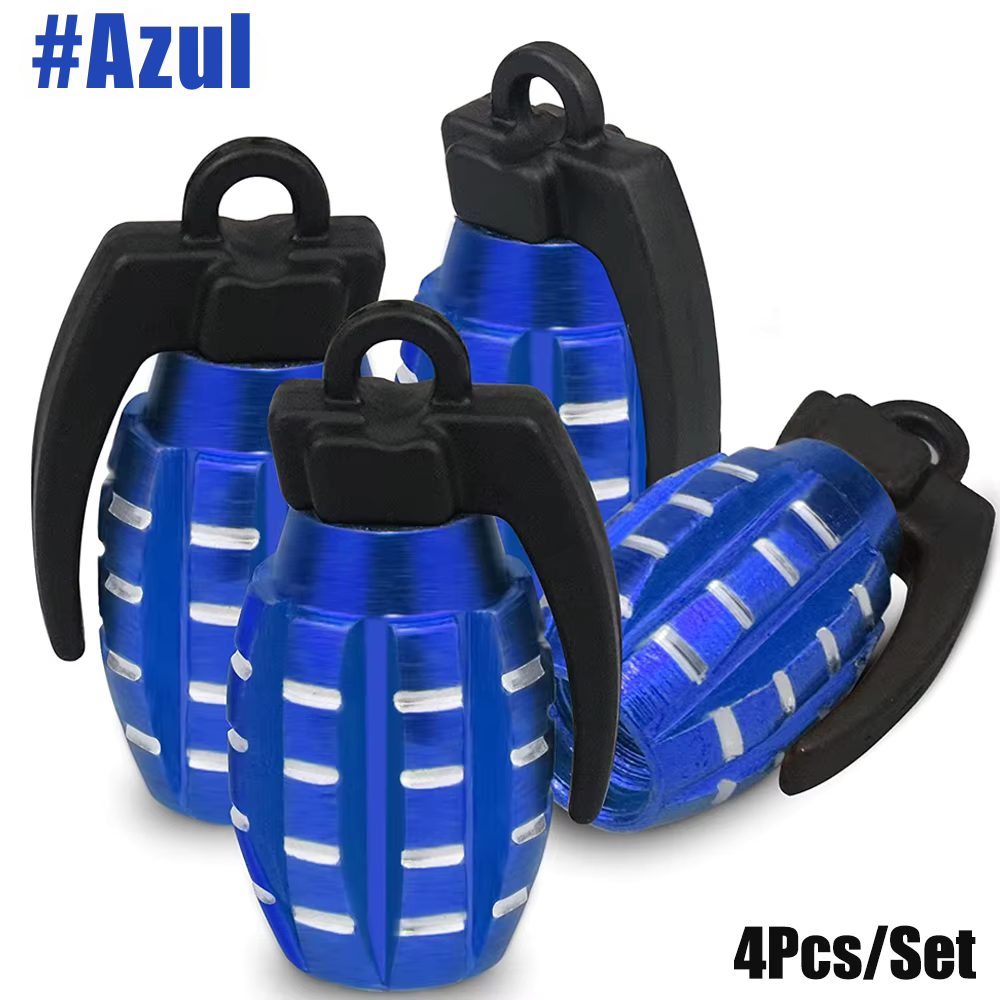 Kit com 4 Tampas de Válvula de Pneu em Alumínio – Estilo Granada | Tampa Antipó para Carro, Moto, Caminhão e Bike